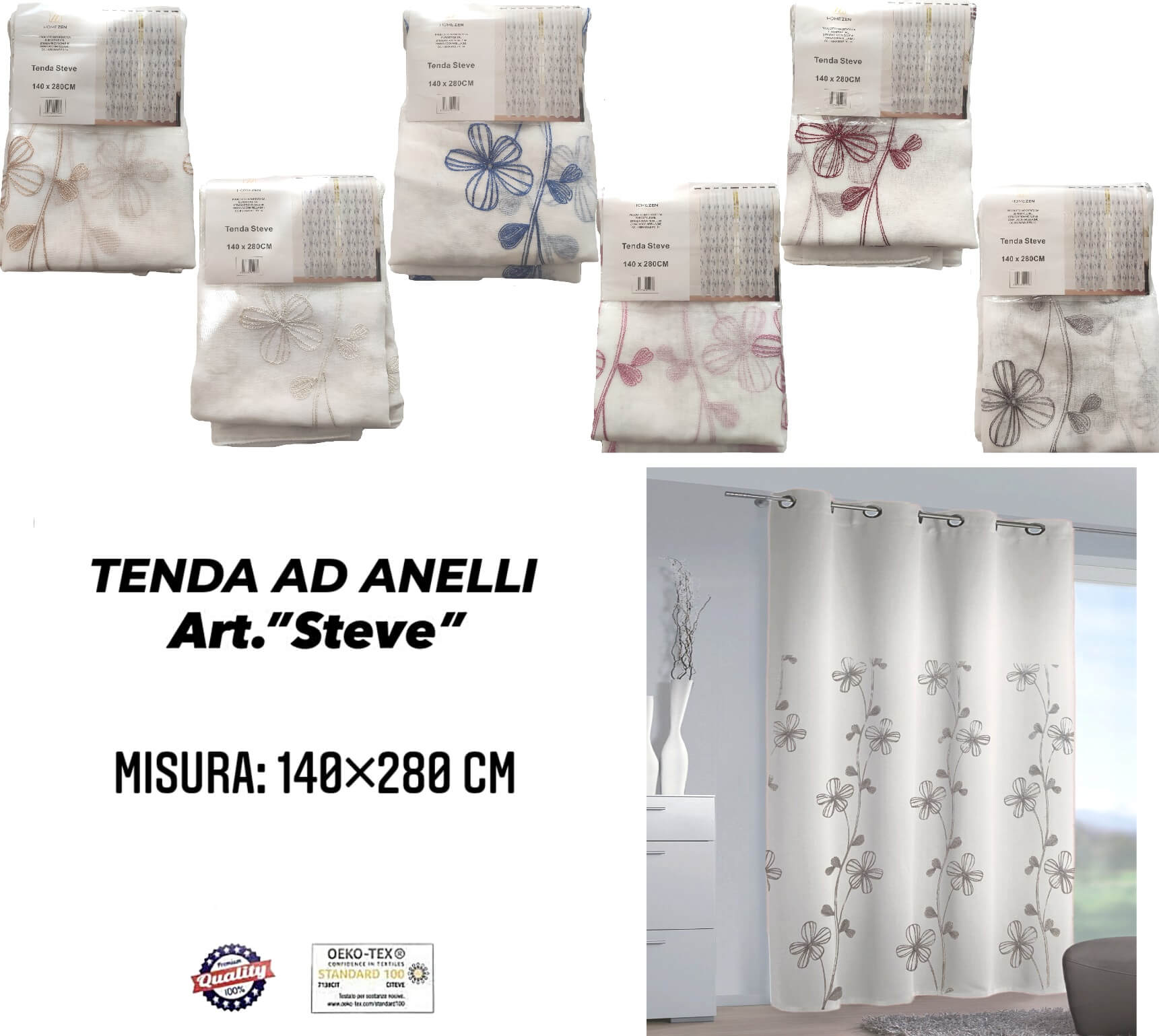 Tenda da Interno ad Anelli con Fantasia a Fiori 140×280cm