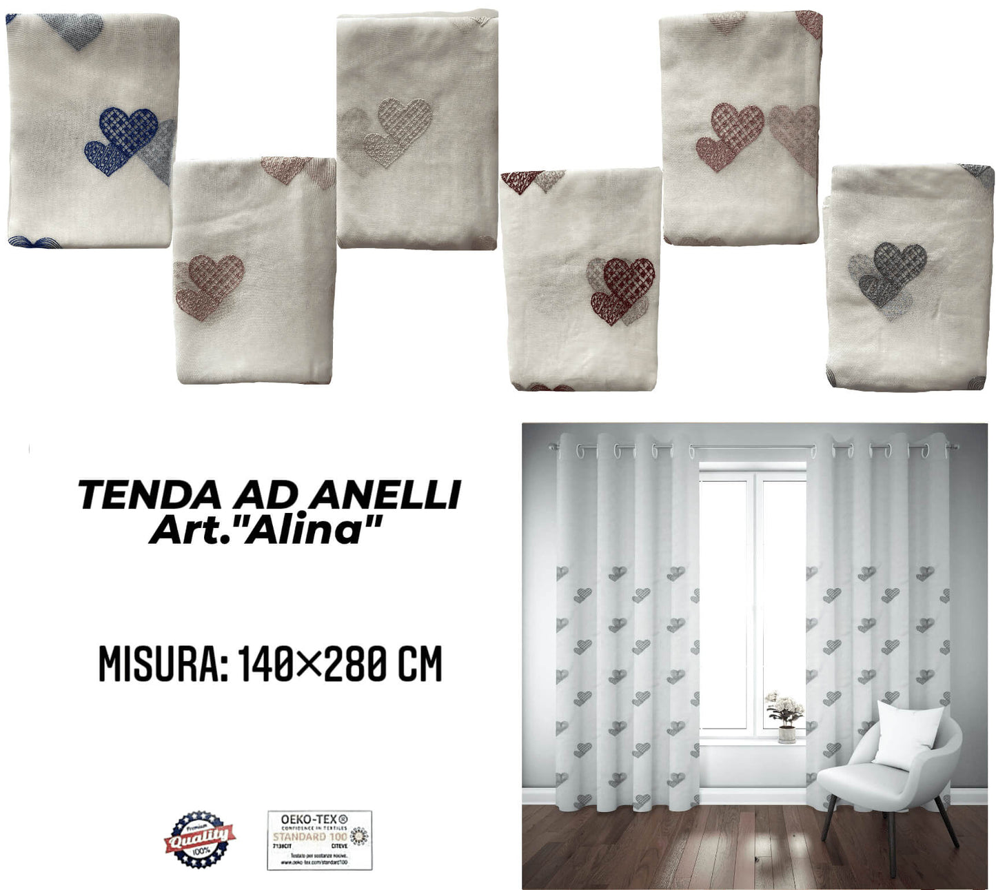 Tenda da Interno ad Anelli con Fantasia con Cuori 140×280cm