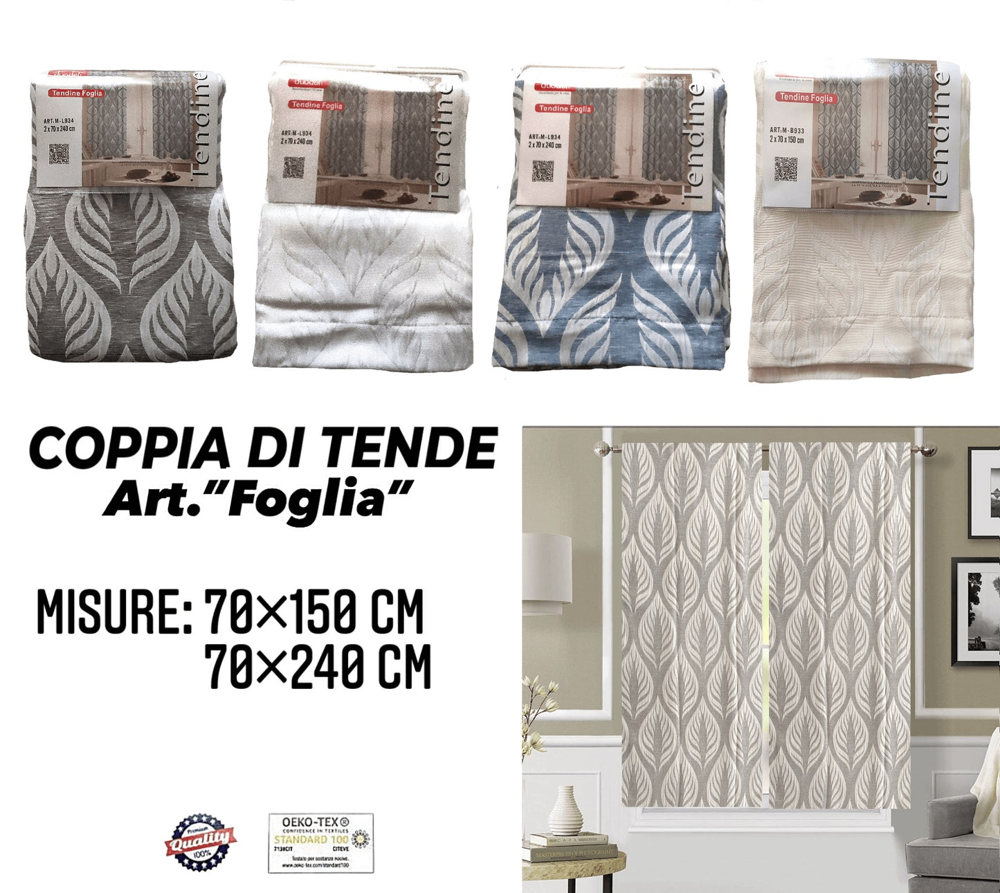Coppia di Tende Coprente con Fantasia con Foglie