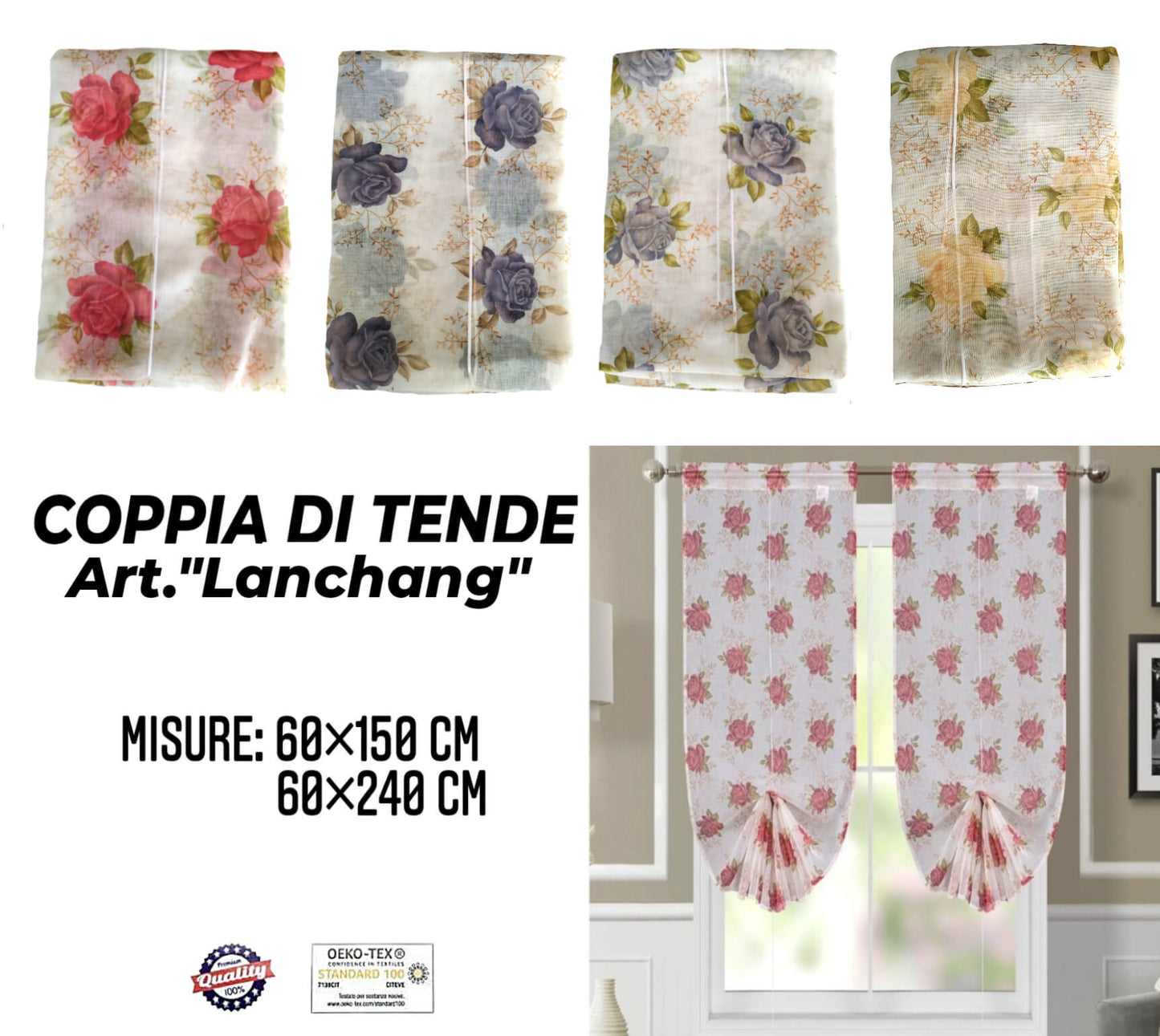 Coppia di Tende con Fantasia a Fiori con Cordino