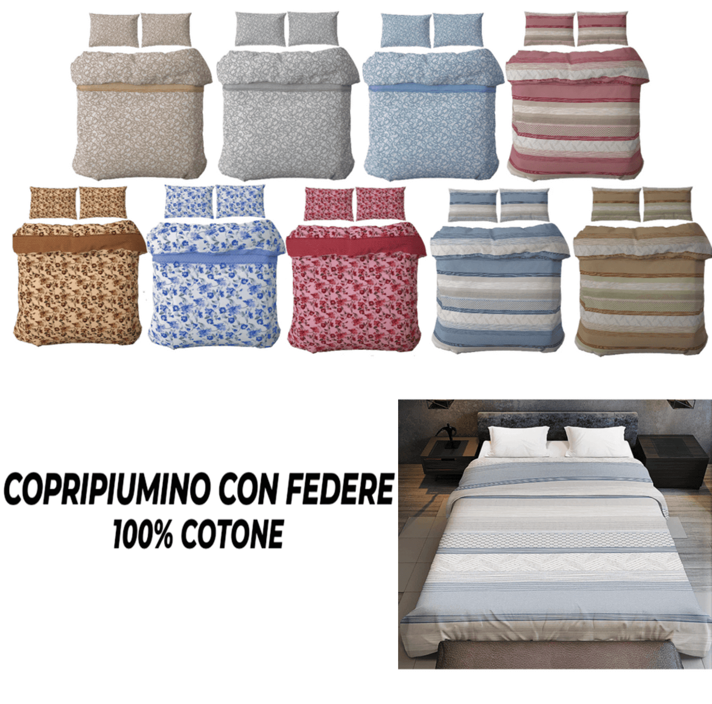 Copripiumino con Federe Puro Cotone In Fantasia