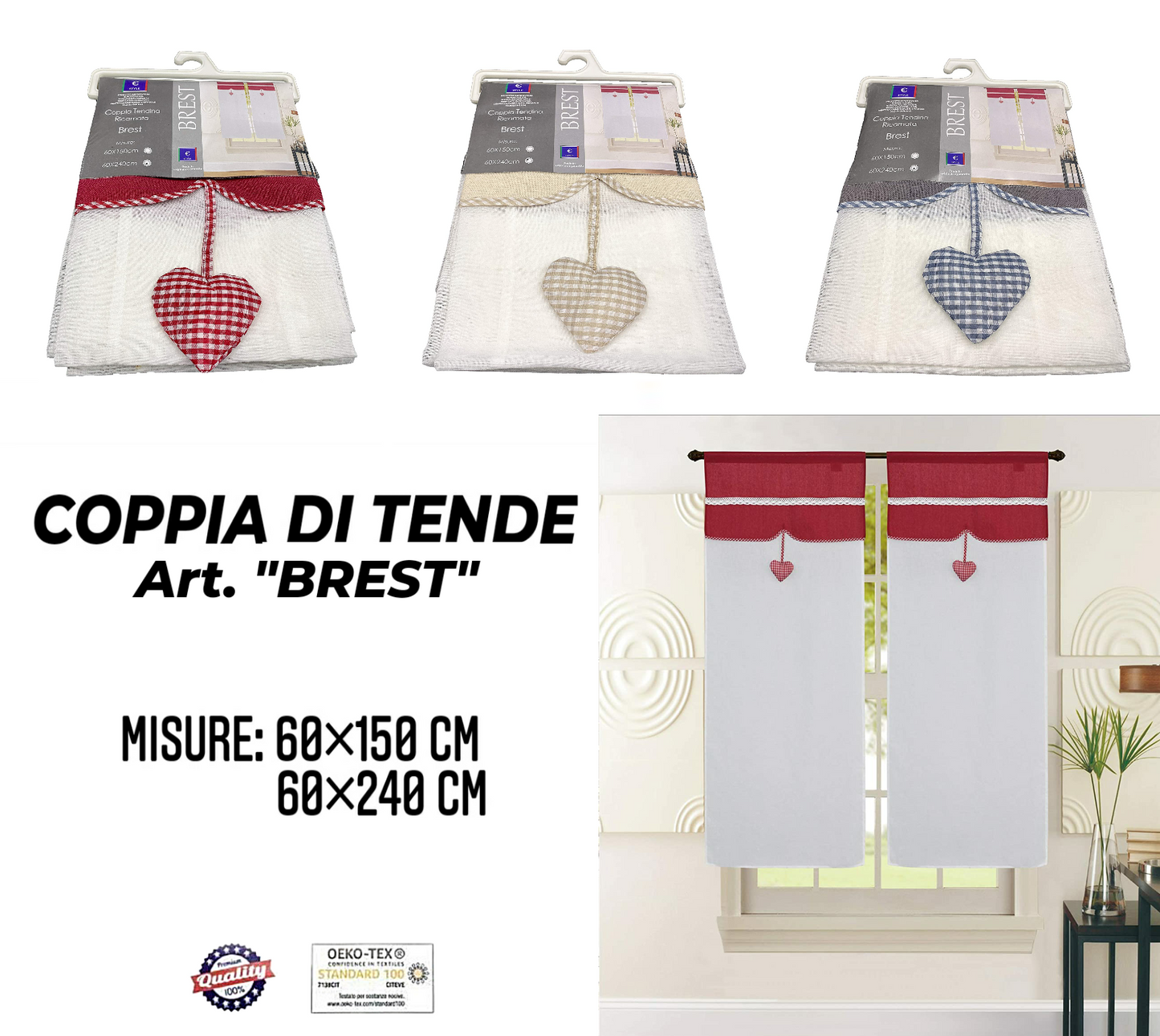 Coppia di Tende con Inserto e Ricamo con Cuore