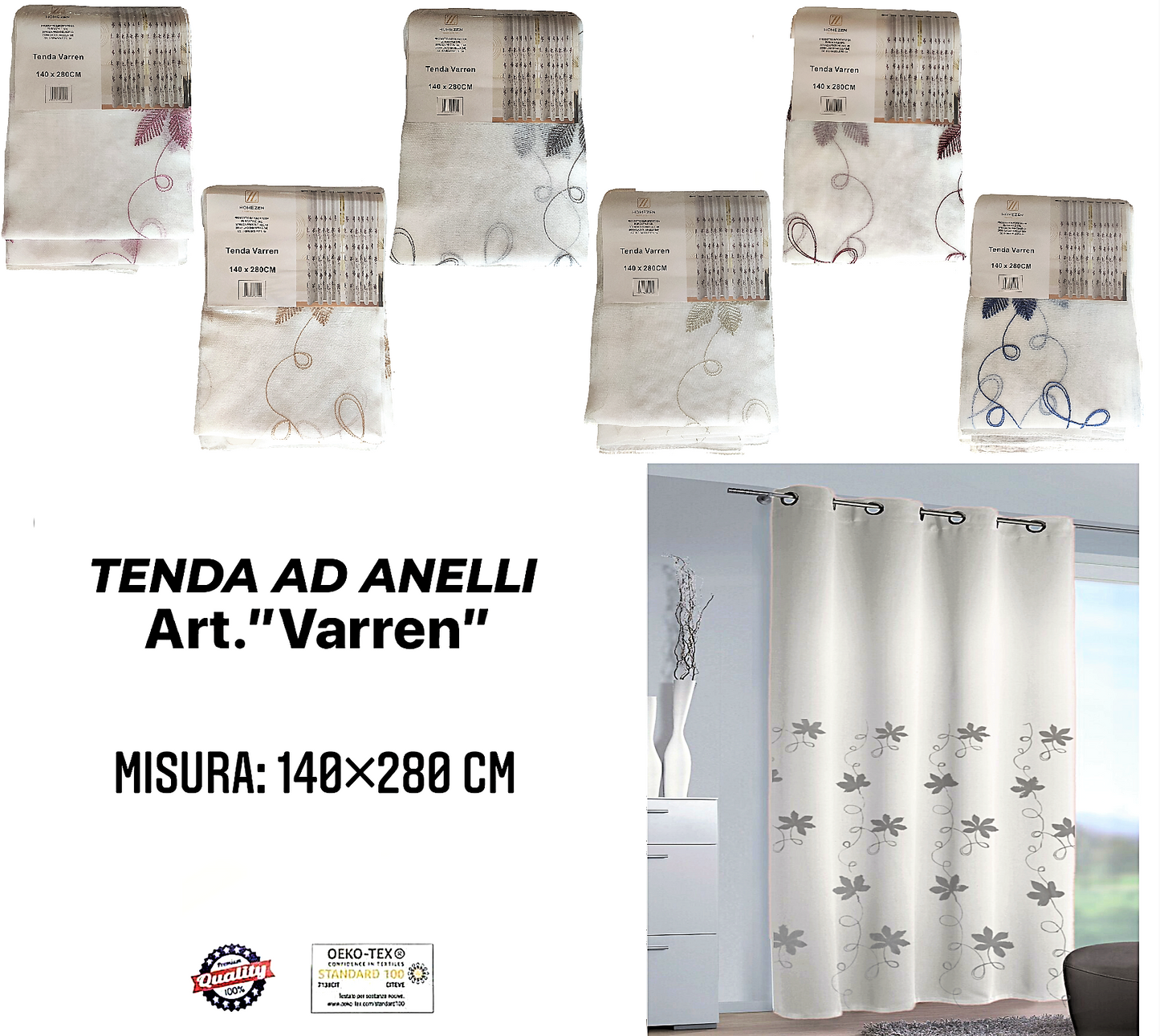 Tenda da Interno ad Anelli con Fantasia con Foglie 140×280cm