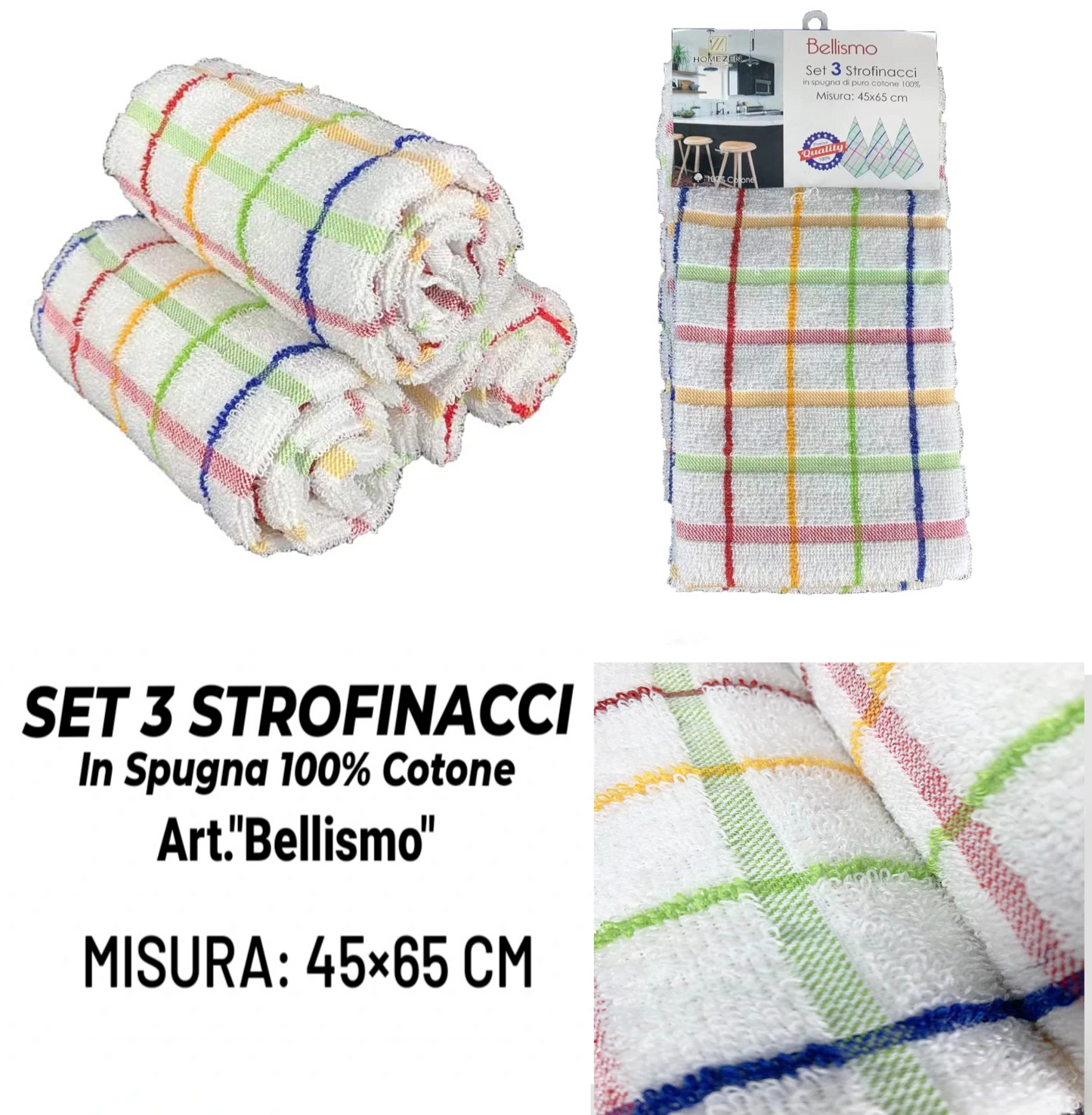 Set da 3 Strofinacci in Spugna 100% Cotone "Bellismo"