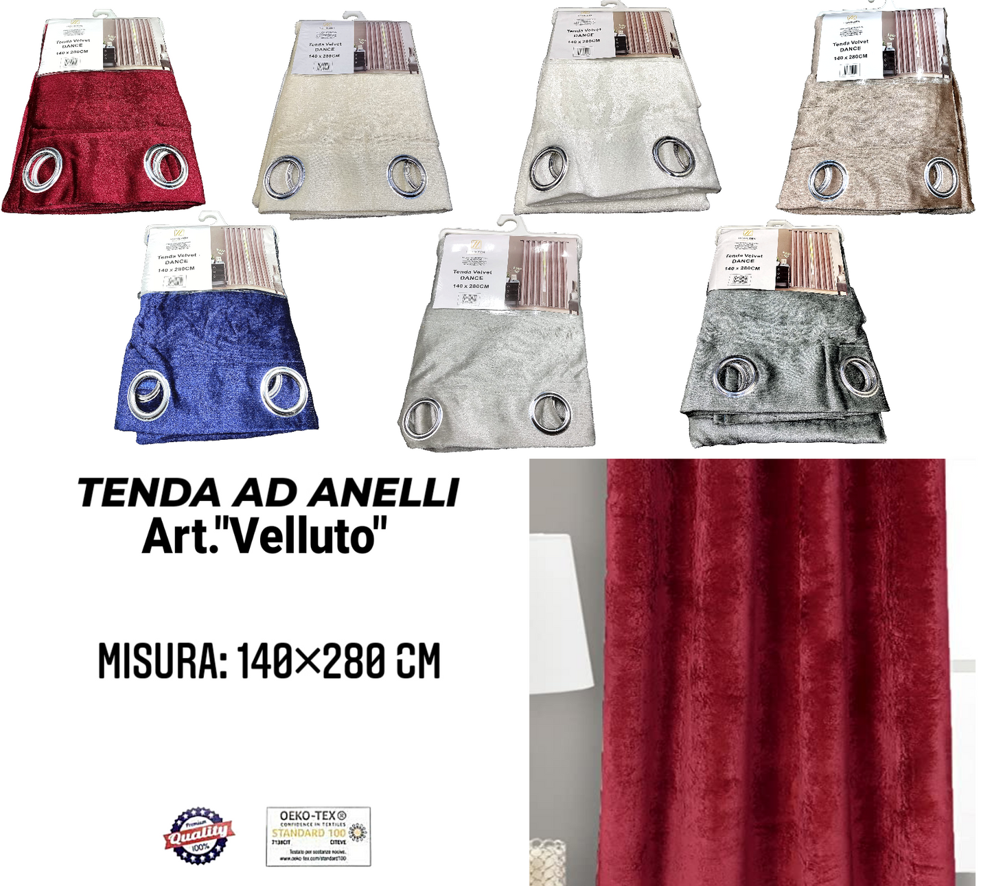 Tenda da Interno ad Anelli in Velluto Tinta Unita 140×280cm