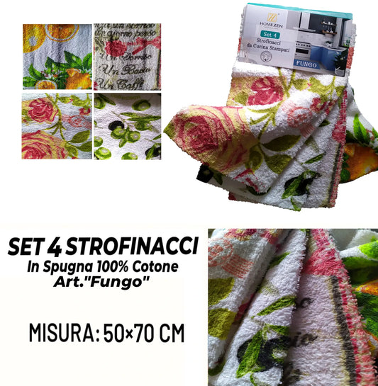 Set da 4 Strofinacci in Spugna 100% Cotone "Fungo"