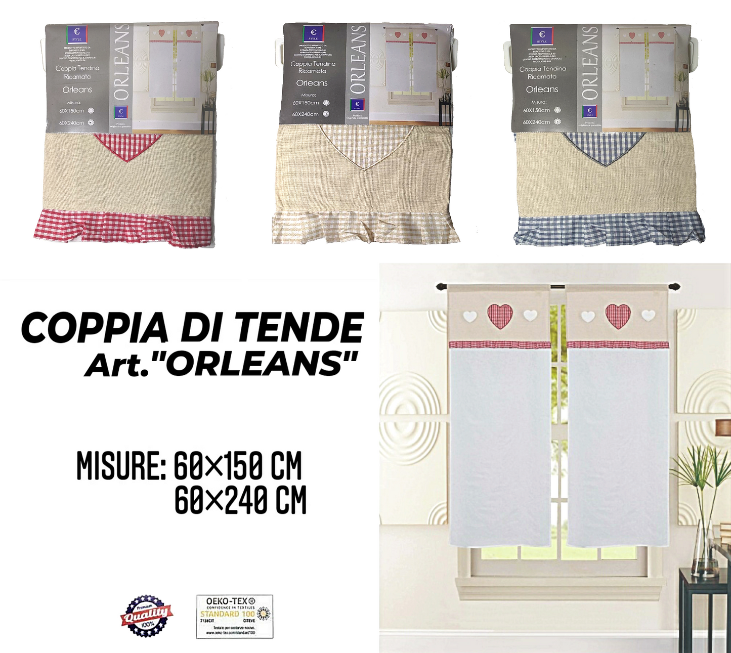 Coppia di Tende con Inserto e Ricamo con Cuore – Riflessi Casa