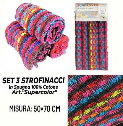 Set da 3 Strofinacci in Spugna 100% Cotone "Supercolor"
