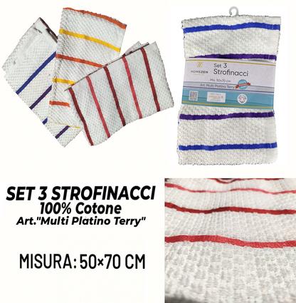 Set da 3 Strofinacci in 100% Cotone "Multi Platino Terry"